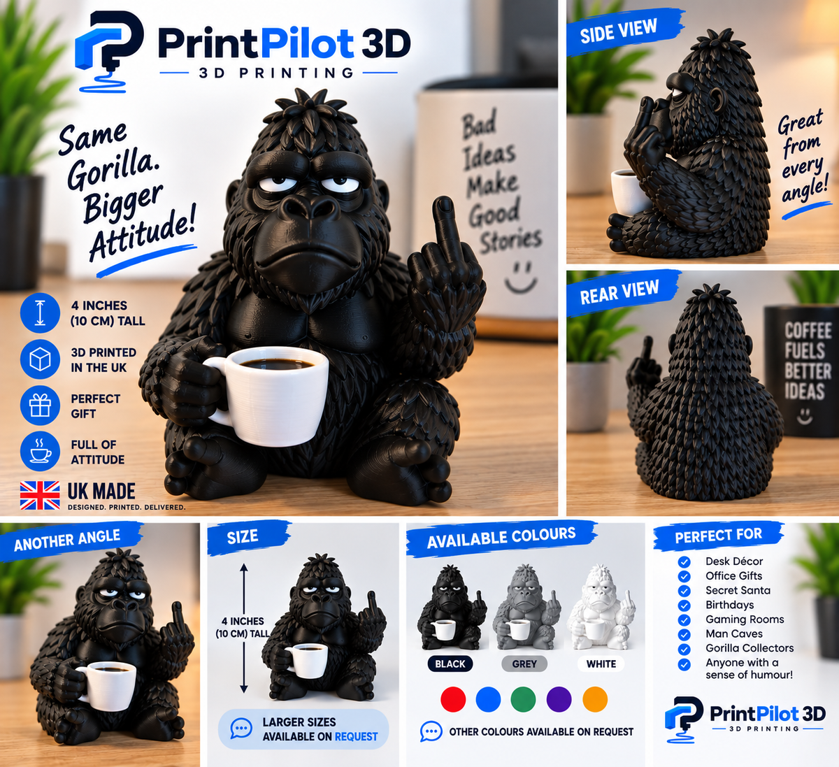 A promotional collage for a gorilla-shaped coffee mug by PrintPilot 3D, showing multiple views of the product and text callouts about size, color, and features. The gorilla sits on a wooden surface holding a white mug, with additional views from side, rear, and another angle.