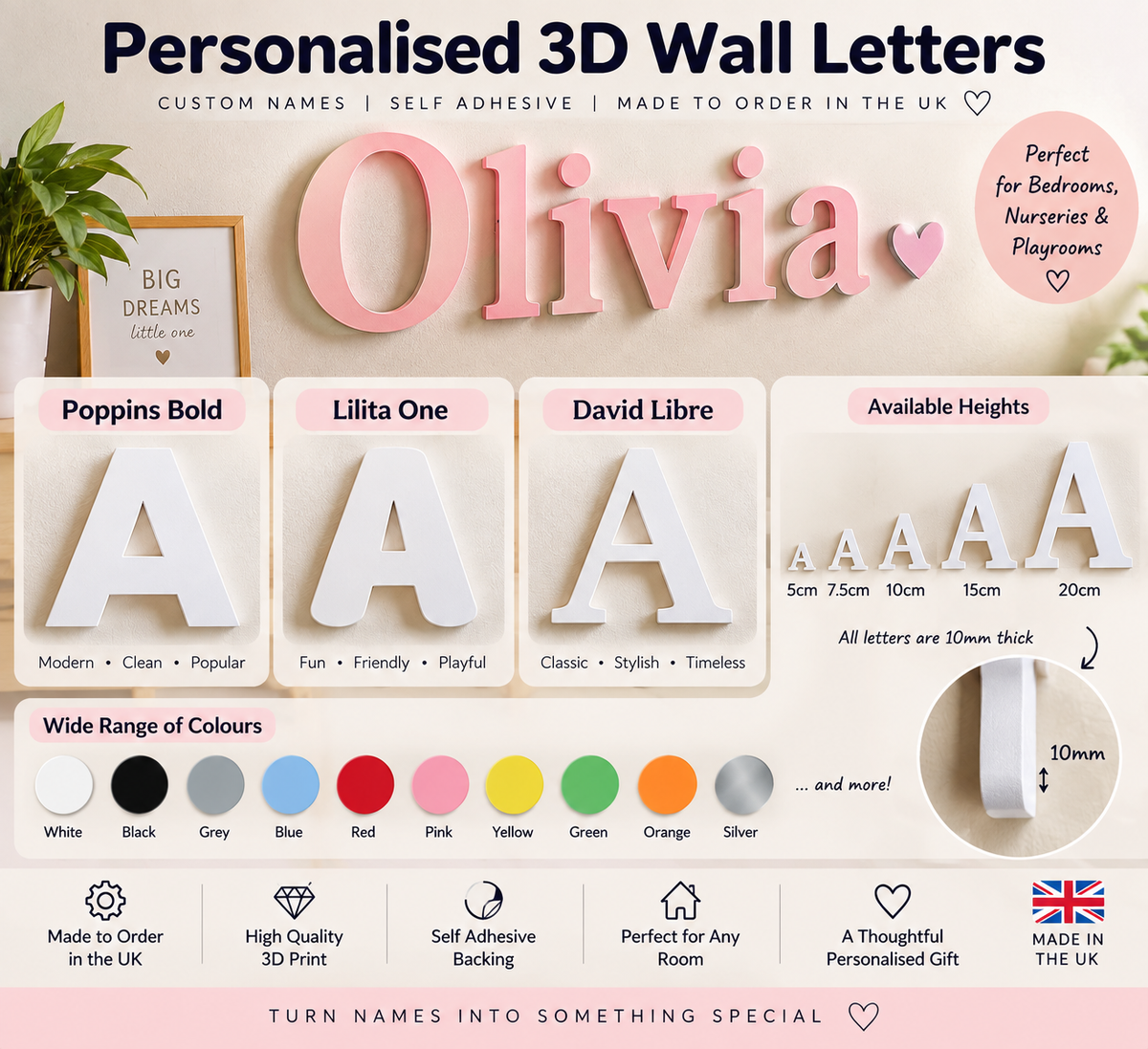 Personalised 3D Wall Letters, Custom Name Letters, Self Adhesive 3D Printed Wall Décor