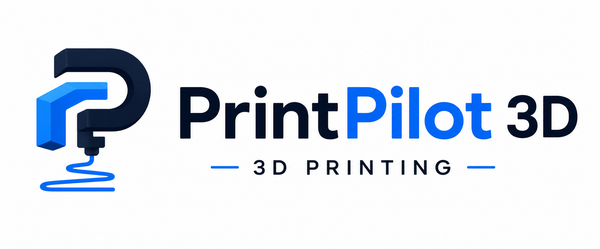 PrintPilot 3D logo with a stylized blue and dark blue question mark and coil icon on a white background.